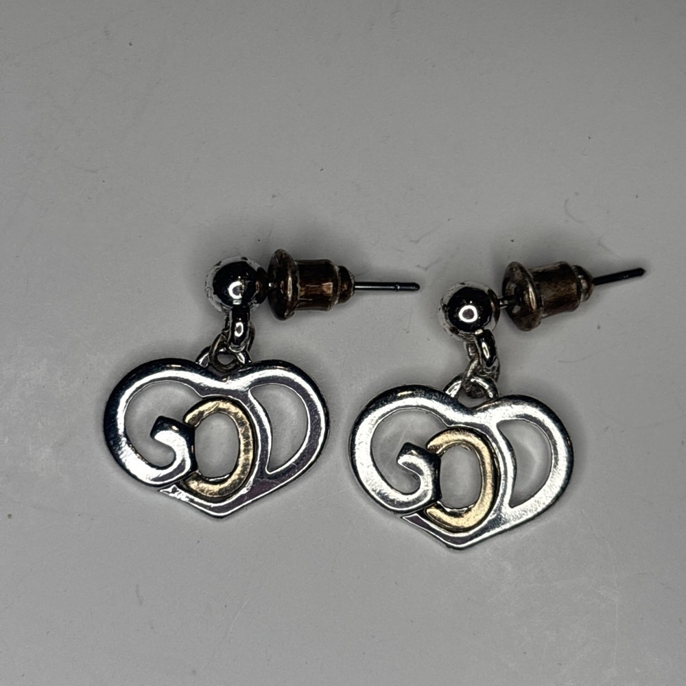 Vintage Signed SJ Two Tone "GOD" Heart Shape Dangle Earrings